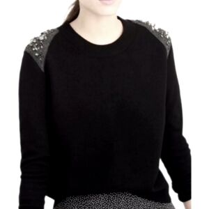 J. Crew Merino Wool black jewel bead embellished shoulders zip back sweater XS